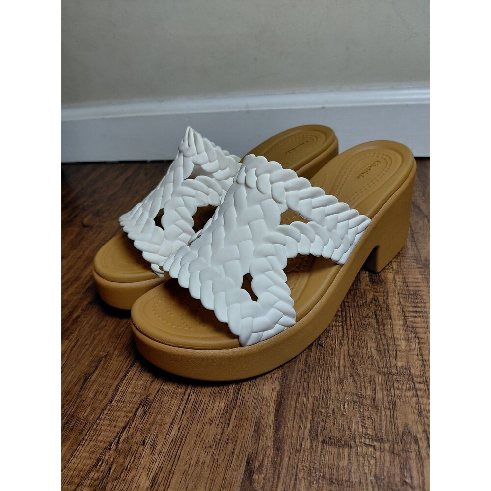 Crocs Women BROOKLYN WOVEN SLIDE HEEL Tan White Sandals Womens Size 8 - Picture 10 of 10